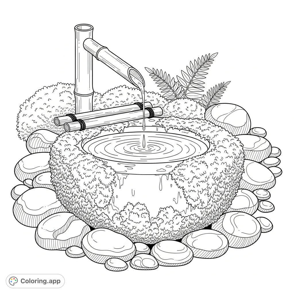 A tranquil Japanese tsukubai, a low stone basin with a bamboo spout dripping water, surrounded by mossy stones and delicate ferns in a serene garden.