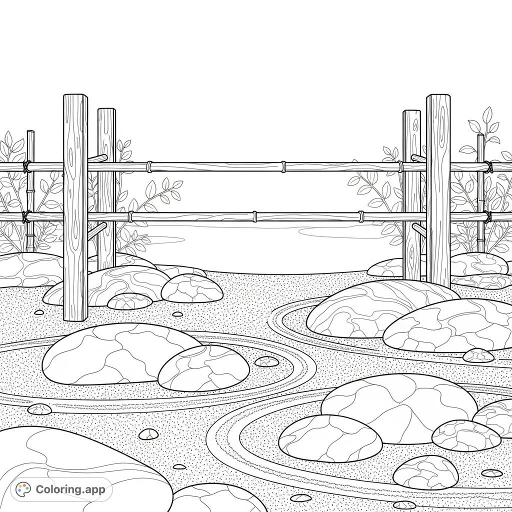 An intricate rock garden with varied stones and raked gravel, elegantly framed by sturdy wooden posts and delicate bamboo fencing, offering a serene scene.