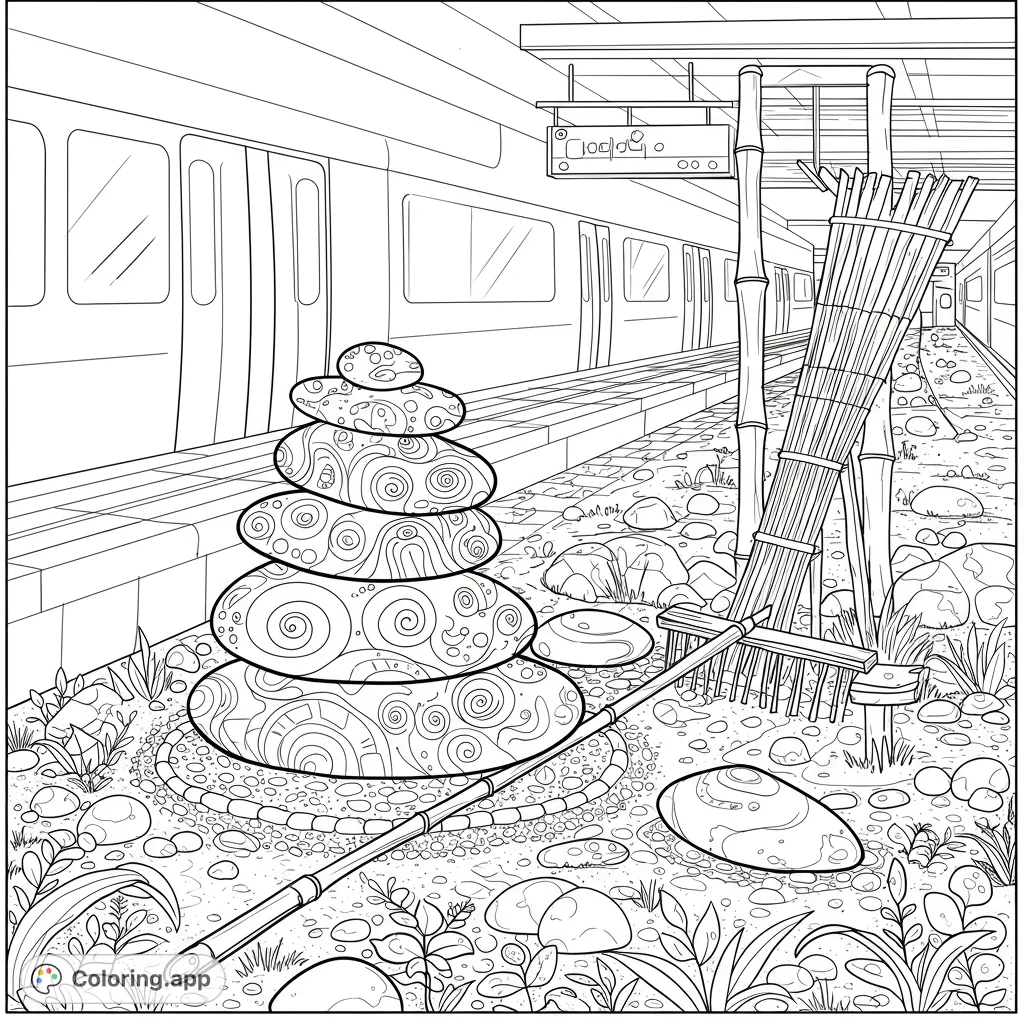 Discover tranquility with this unique zen garden coloring page. Features a stacked stone cairn, rake, and bamboo, set against a modern train station platform.