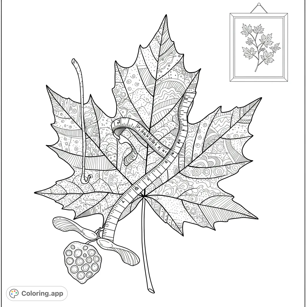 An intricate maple leaf coloring page adorned with detailed zentangle patterns, a measuring tape, and a seed pod. Perfect for mindful coloring.