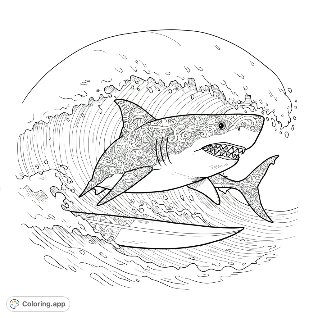 Dive into this dynamic shark surfing coloring page! Features a majestic shark with intricate patterns riding a powerful ocean wave, perfect for all ages.
