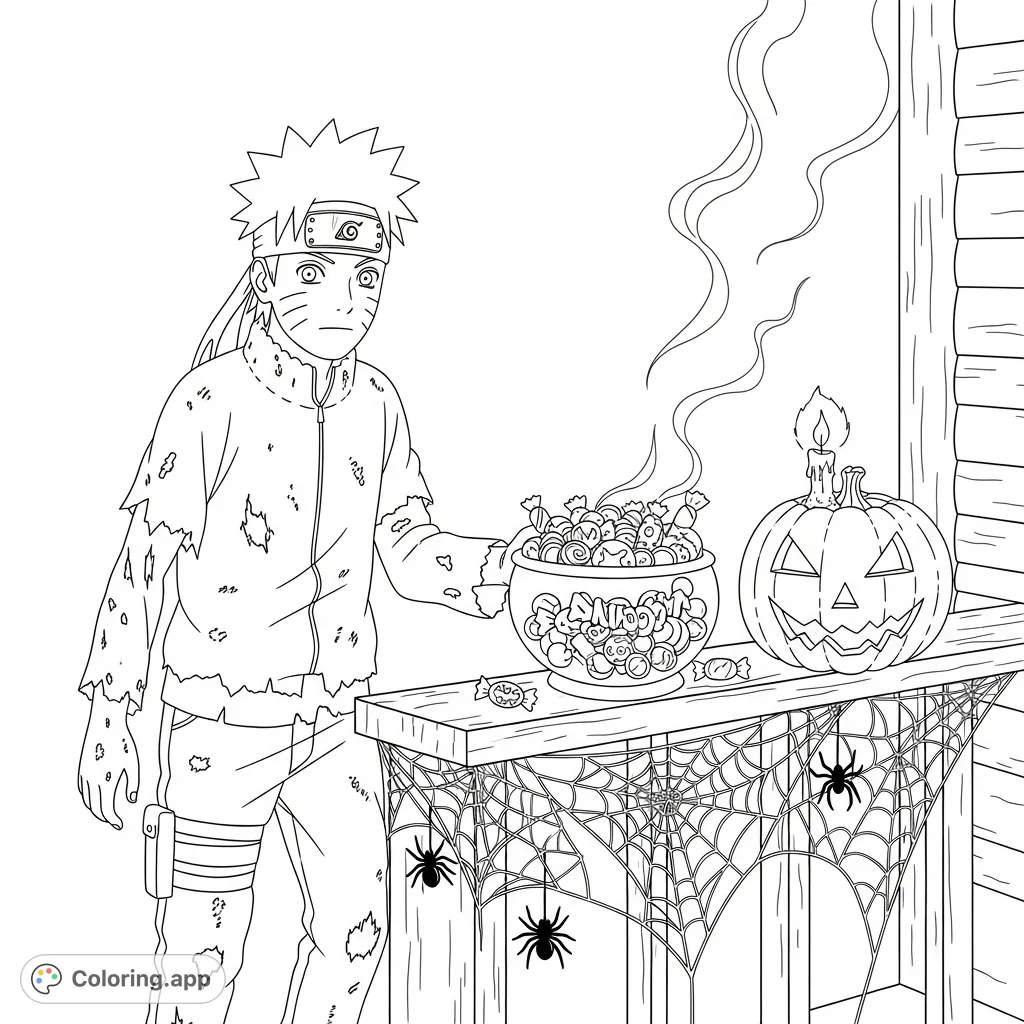 A spooky Naruto zombie approaches a candy-filled bowl on a Halloween-decorated porch, complete with spiderwebs and a carved pumpkin.