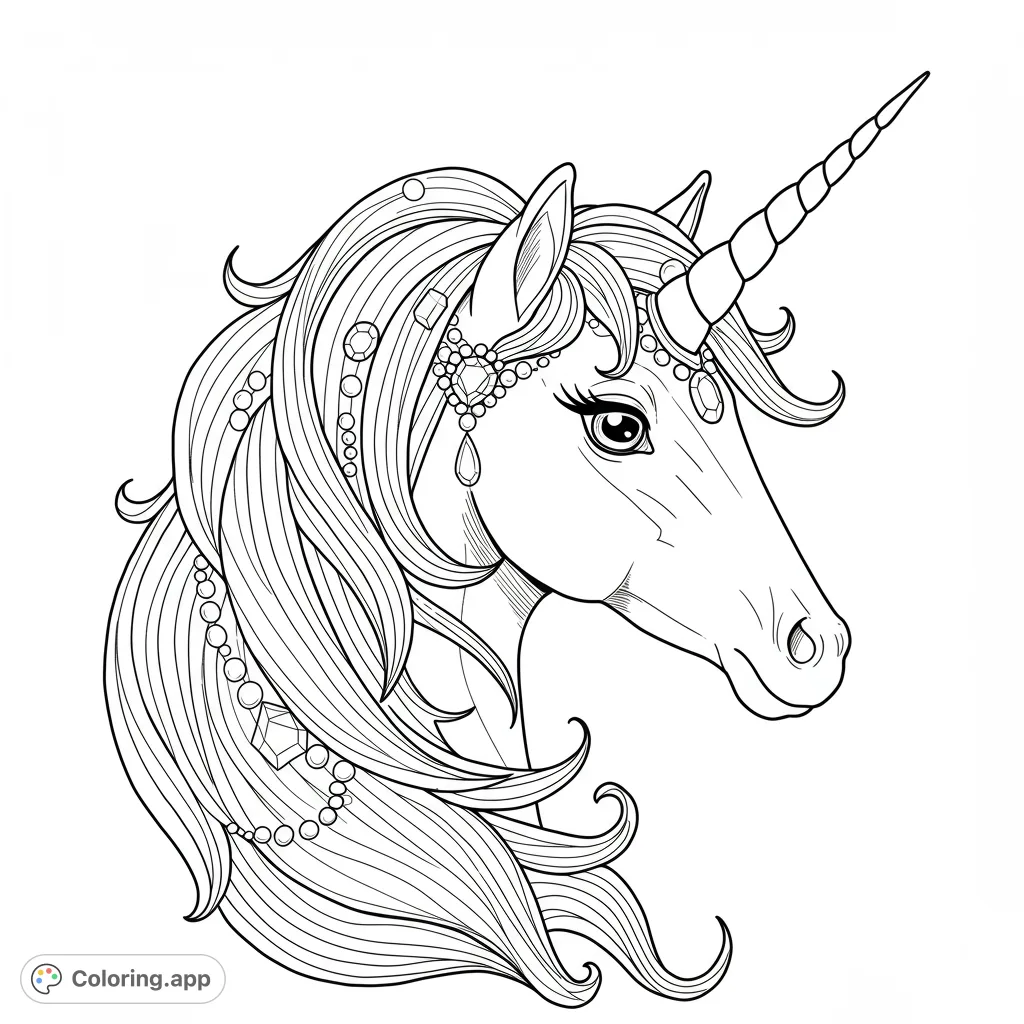 A majestic unicorn head with a flowing, jeweled mane and a spiraled horn. A beautiful fantasy coloring page for all ages.