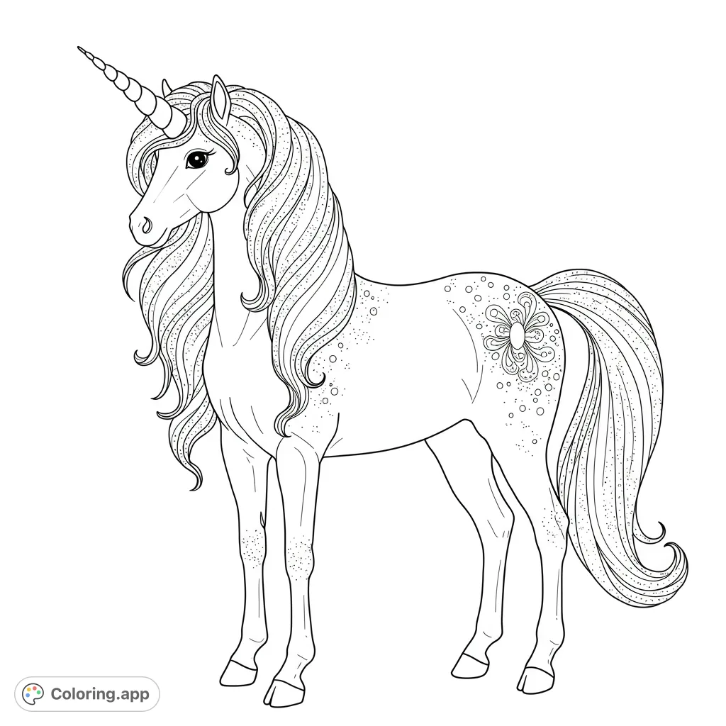 A majestic unicorn coloring page with a flowing mane, spiral horn, and intricate floral flank design. Perfect for magical coloring fun!