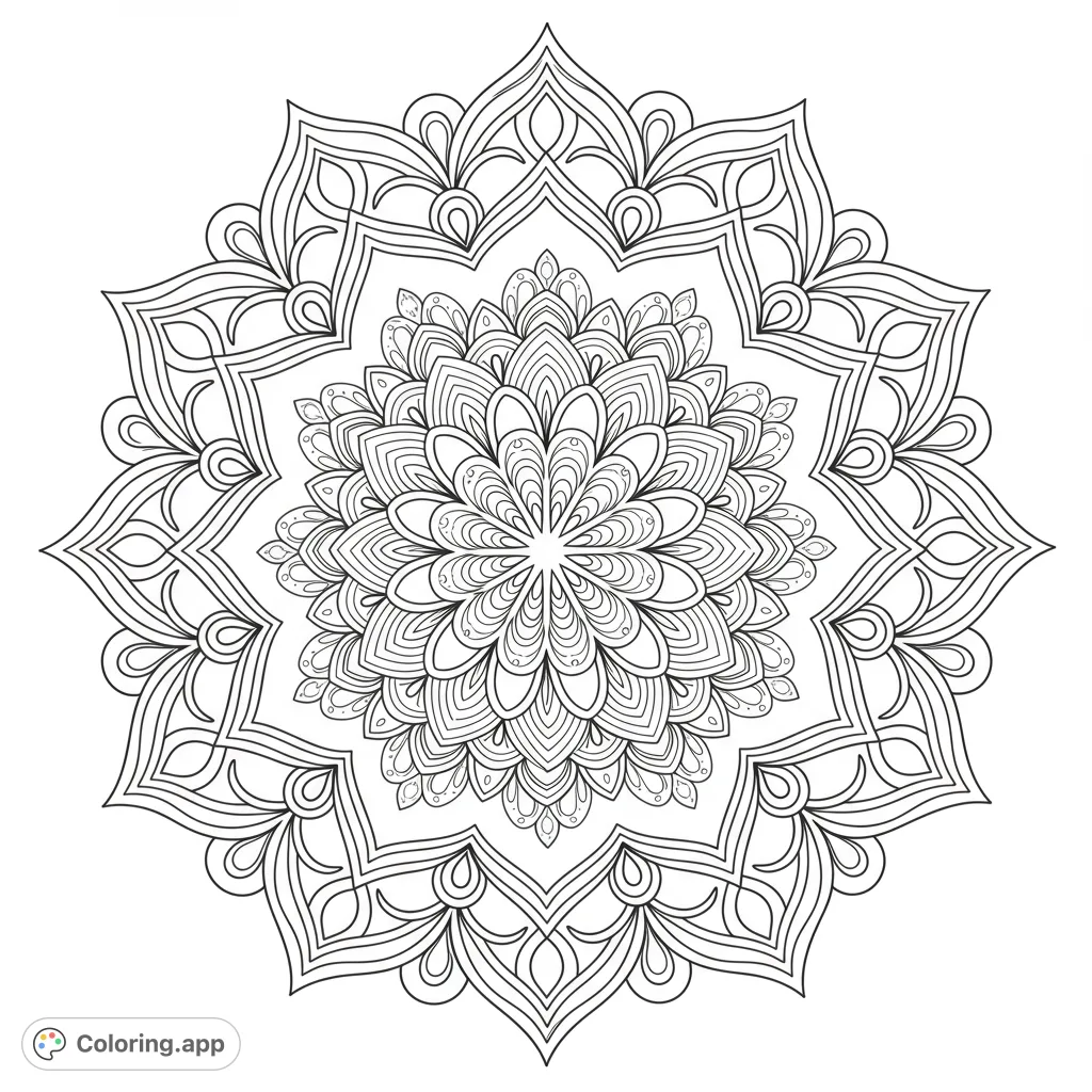 Discover an intricate mandala coloring page, a free printable design with detailed patterns perfect for mindful relaxation and artistic expression.
