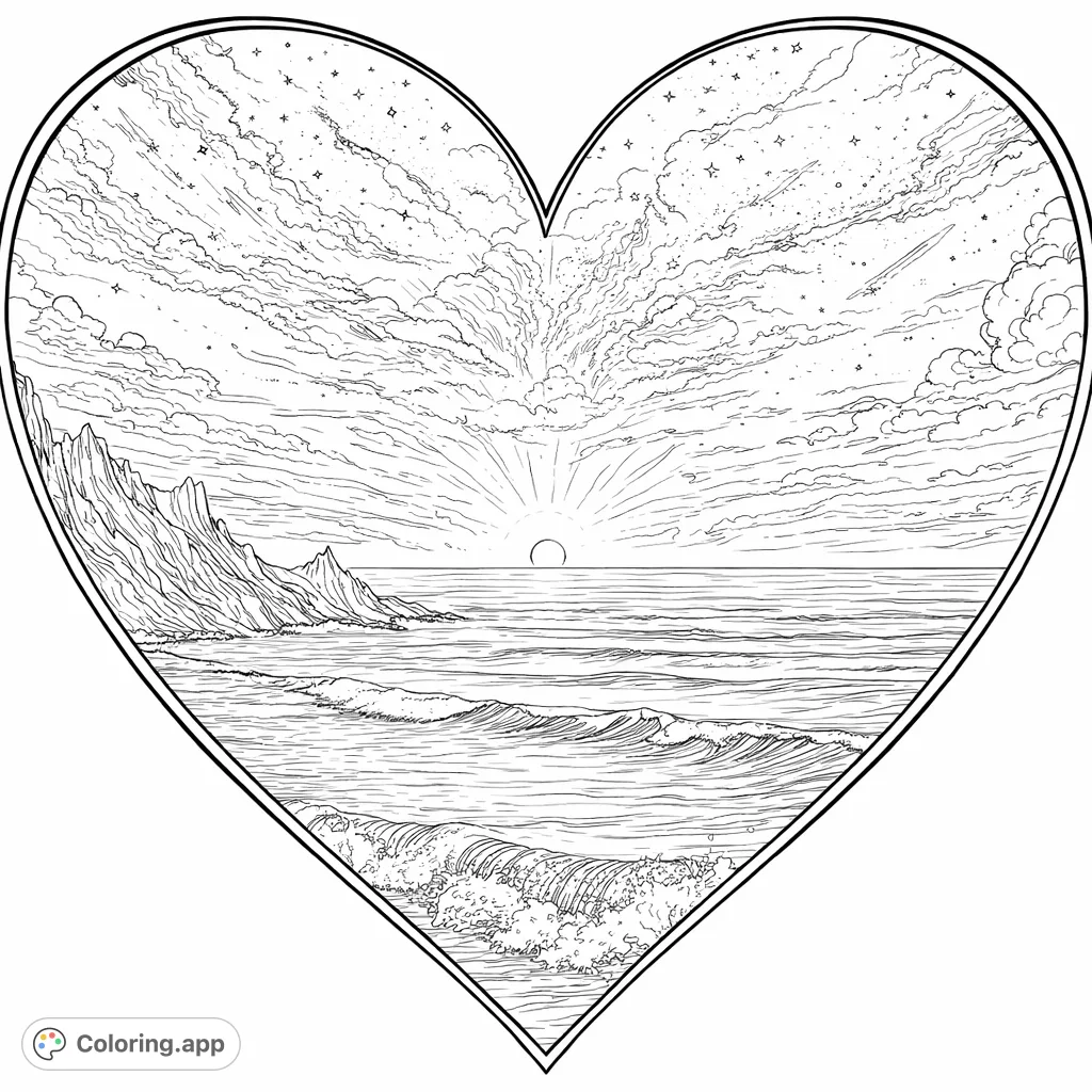 An enchanting coastal sunset framed by a heart, showcasing a luminous horizon, dramatic clouds, rocky shores, and rolling ocean waves for a serene coloring experience.