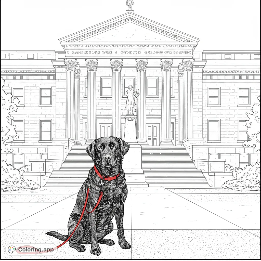A loyal Labrador sits patiently in front of a majestic, columned building. A detailed free printable dog coloring page for all ages.