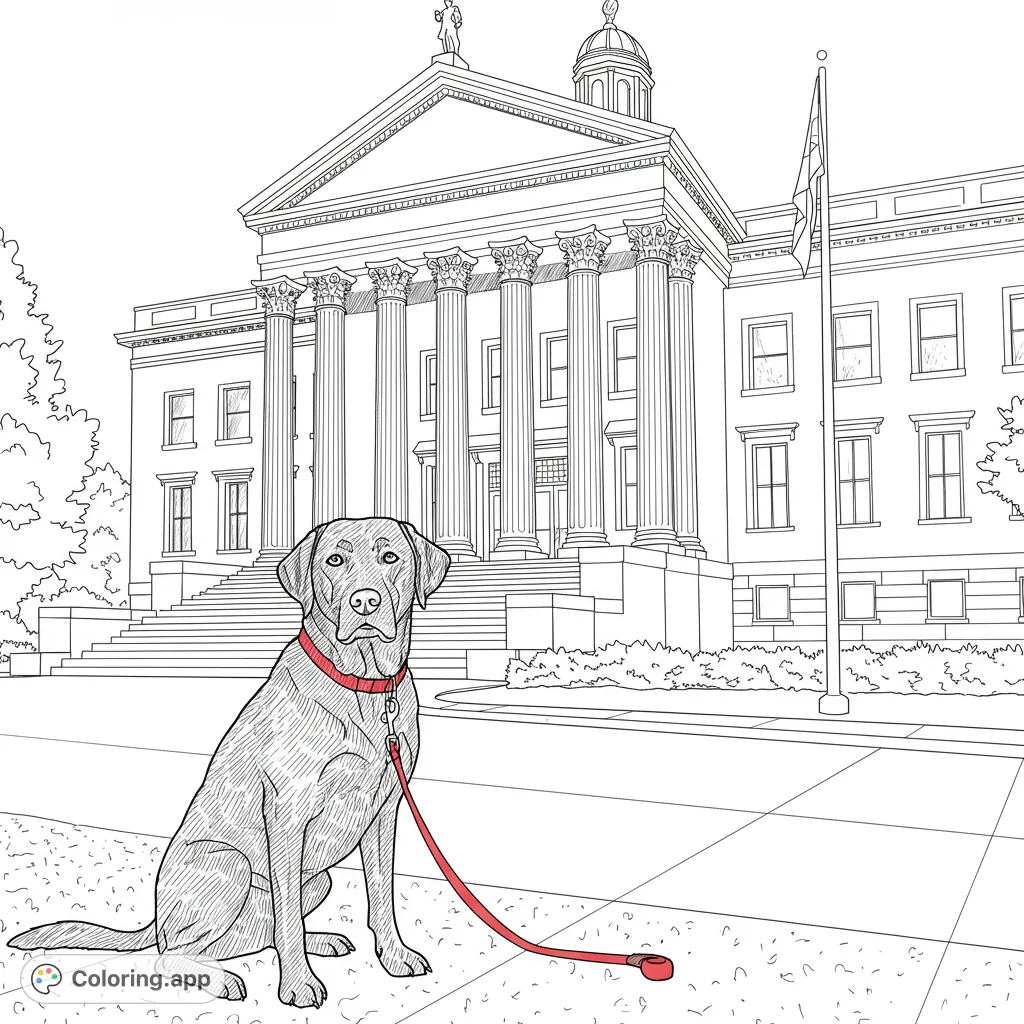 A charming Labrador Retriever sits patiently in front of a majestic classical building, ready for a colorful adventure. A free printable dog coloring page for all ages.