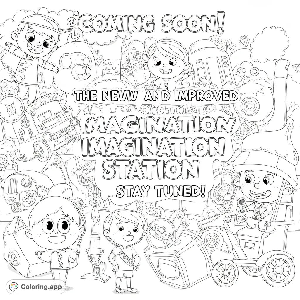 Dive into a whimsical imagination station coloring page featuring cheerful kids, unique vehicles, and playful inventions. A free printable coloring page for endless creative fun!