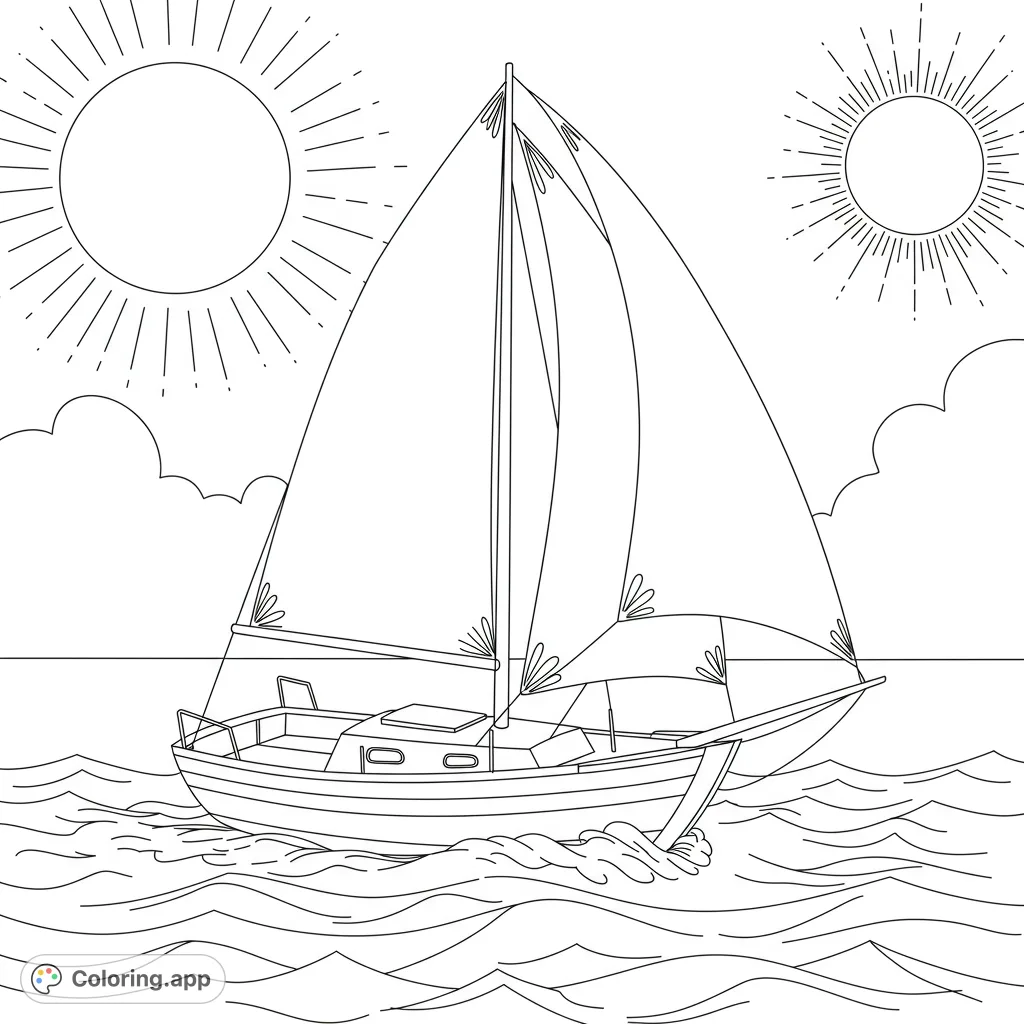 A serene sailboat glides across wavy waters under two radiant suns and soft clouds. Perfect for a relaxing nautical coloring adventure.