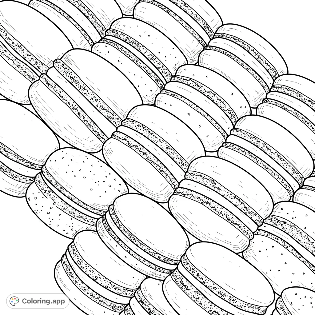 Indulge in this delightful macaron coloring page! A repeating pattern of sweet treats awaits your creative touch. Perfect for foodies and dessert lovers.