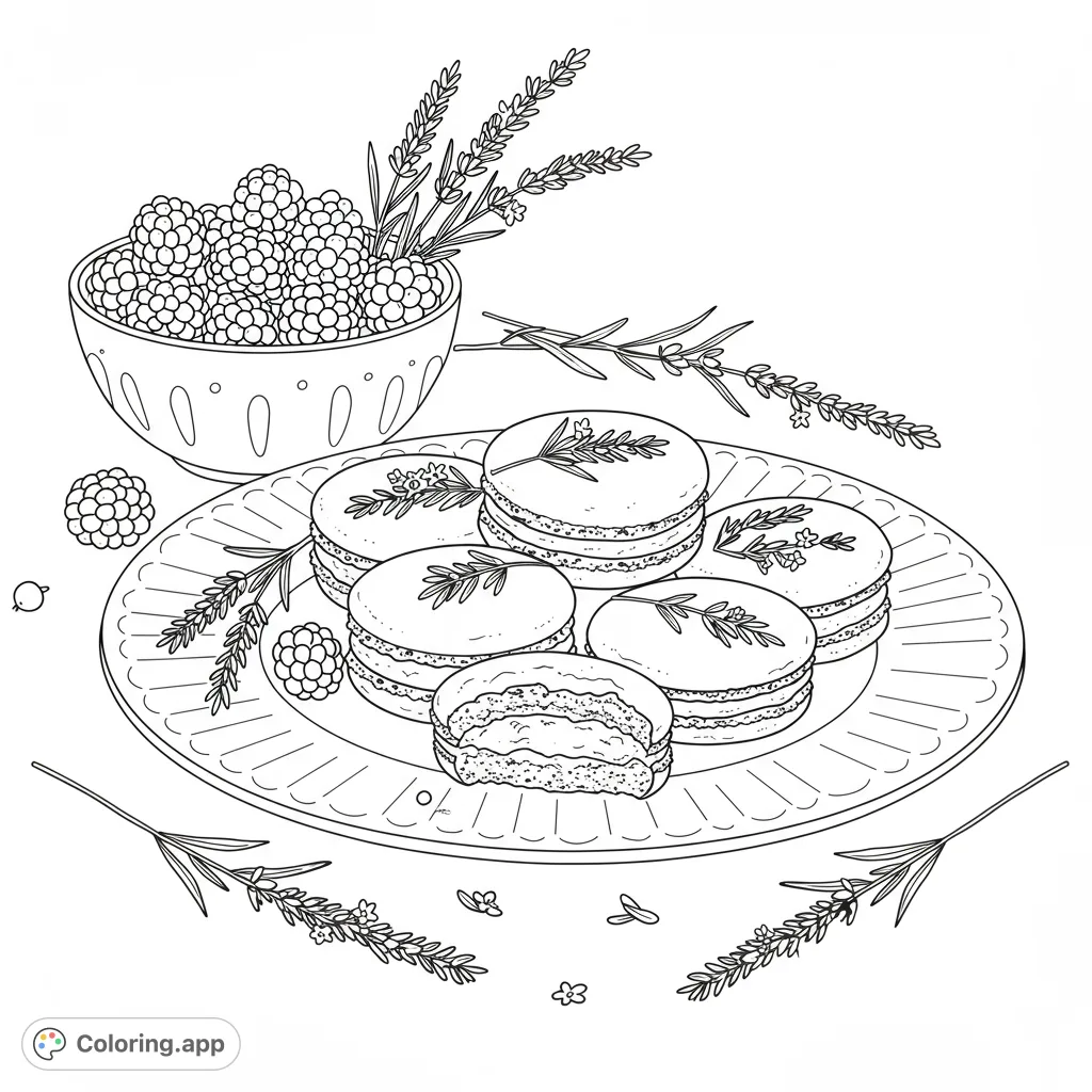 A delightful macaron and raspberry coloring page, featuring sweet treats and fragrant lavender for a relaxing coloring experience. Free printable coloring page.