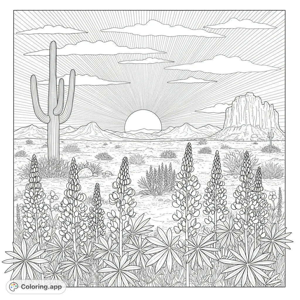 A beautiful desert sunrise coloring page featuring vibrant lupine flowers, a towering Saguaro cactus, and majestic mesas under a radiant sun.