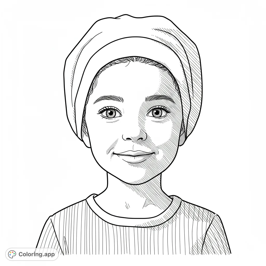 A charming portrait of a young girl wearing a soft bonnet, featuring crisp lines and clear areas for coloring. A delightful free printable coloring page.
