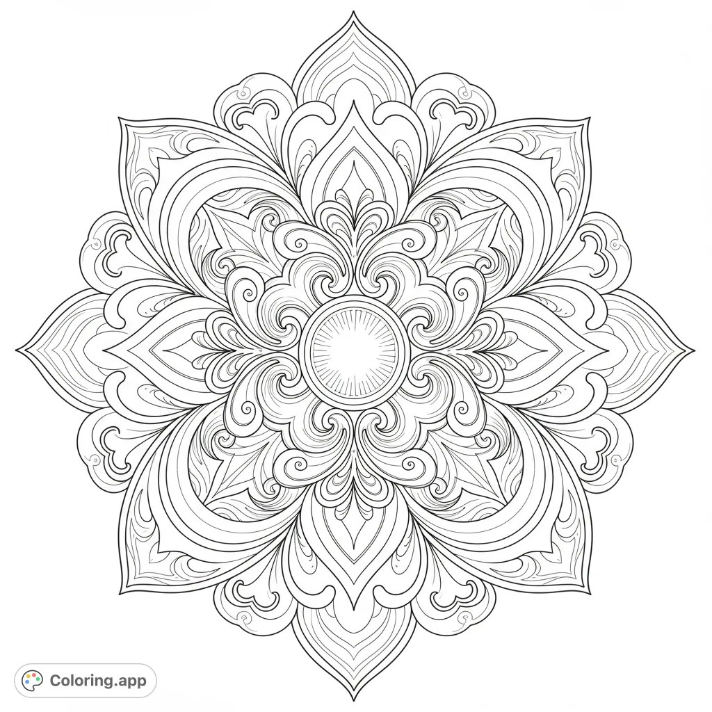 Detailed symmetrical floral mandala with intricate swirls, perfect for mindful coloring and stress relief. A free printable mandala coloring page.