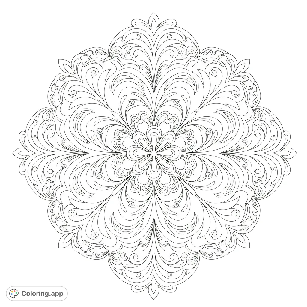 An intricate symmetrical mandala with swirling floral and paisley patterns, offering a detailed challenge for mindful coloring and artistic expression.