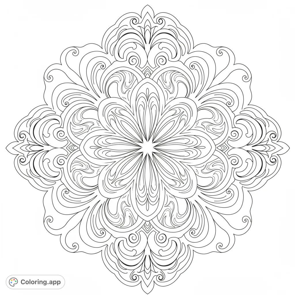 Intricate floral mandala with symmetrical patterns and delicate swirls, a free printable coloring page for mindful relaxation and creative expression.