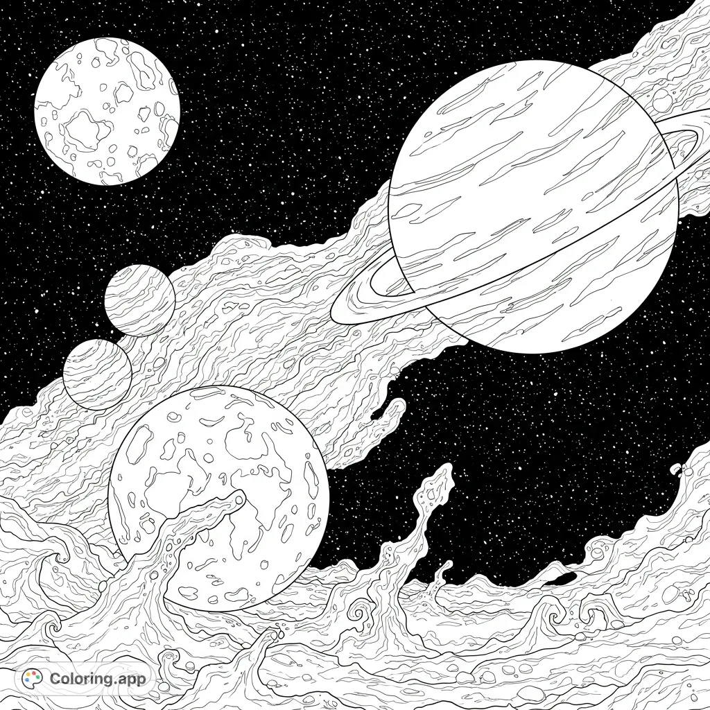 Explore a cosmic space coloring page featuring planets amidst swirling galactic waves and a starry sky. Free printable for all ages.