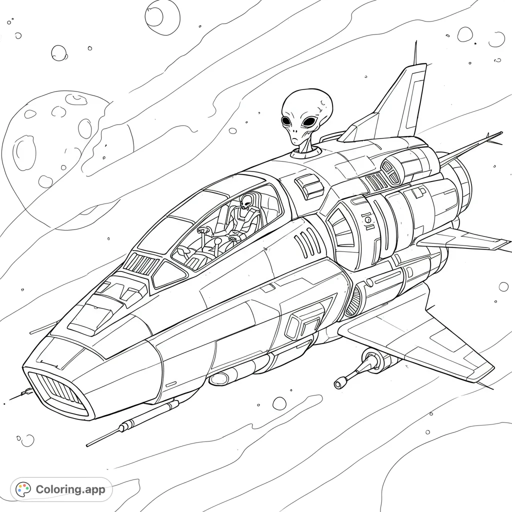 Explore the cosmos with this futuristic spaceship coloring page, featuring an alien pilot and a detailed vessel soaring past planets and nebulae. Free printable.