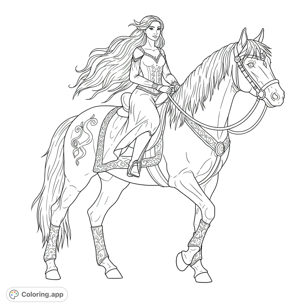 Elegant woman with flowing hair riding a majestic horse adorned with intricate patterns. A beautiful fantasy scene ready for your creative colors.