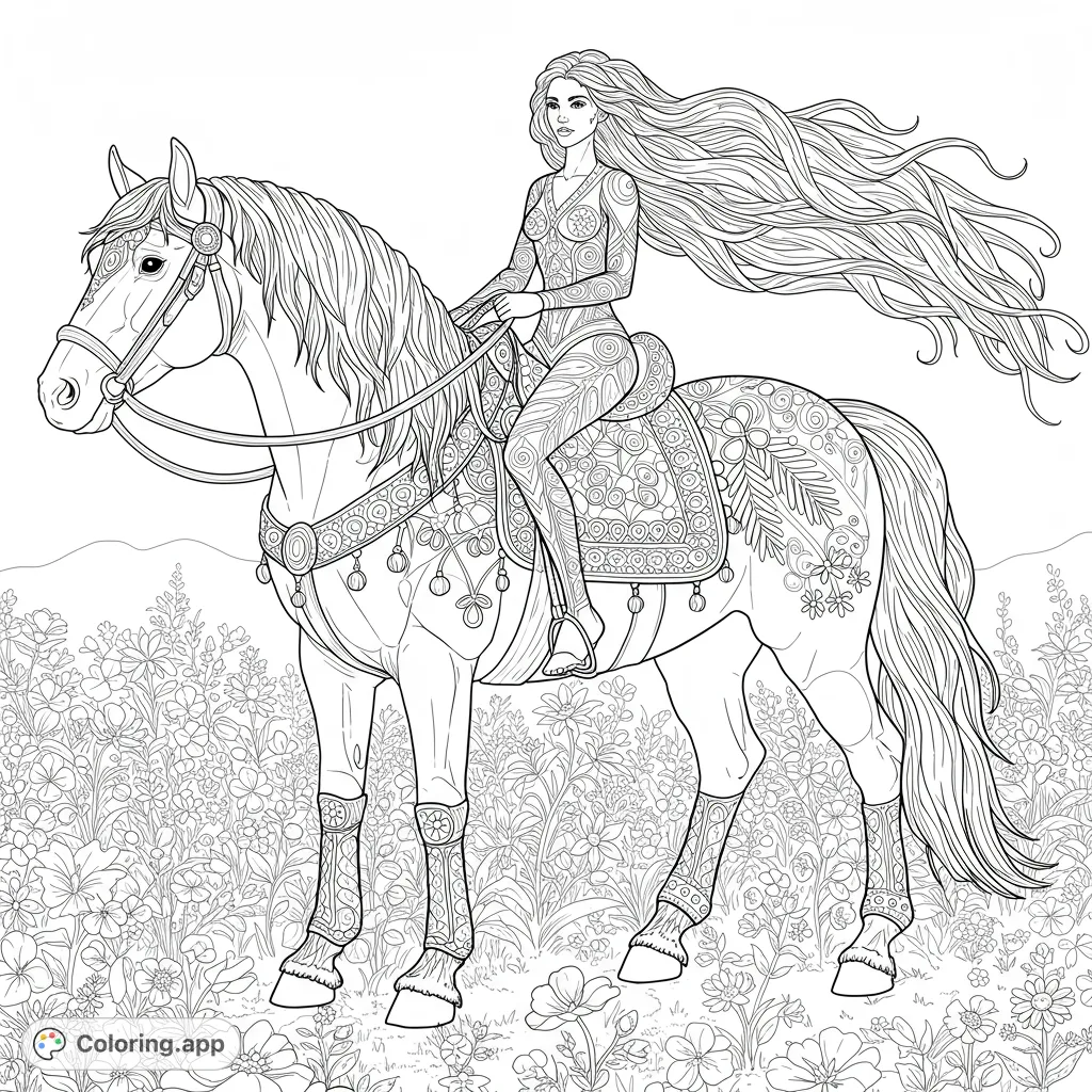 An enchanting woman with flowing hair rides an ornate horse through a field of wildflowers. Intricate patterns offer a captivating coloring experience.