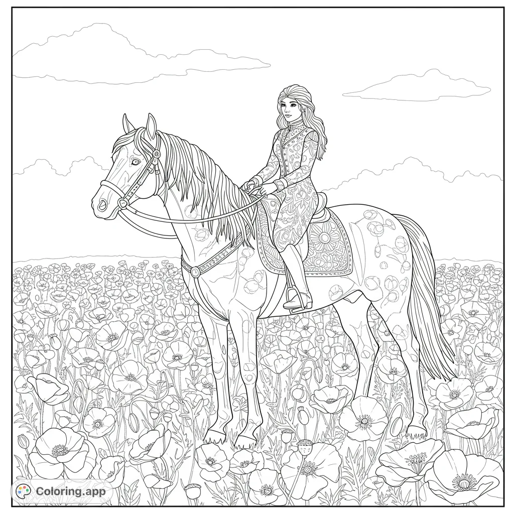 A majestic horse and elegant rider stand amidst a vibrant field of detailed poppies, offering a beautiful nature and equestrian coloring page.