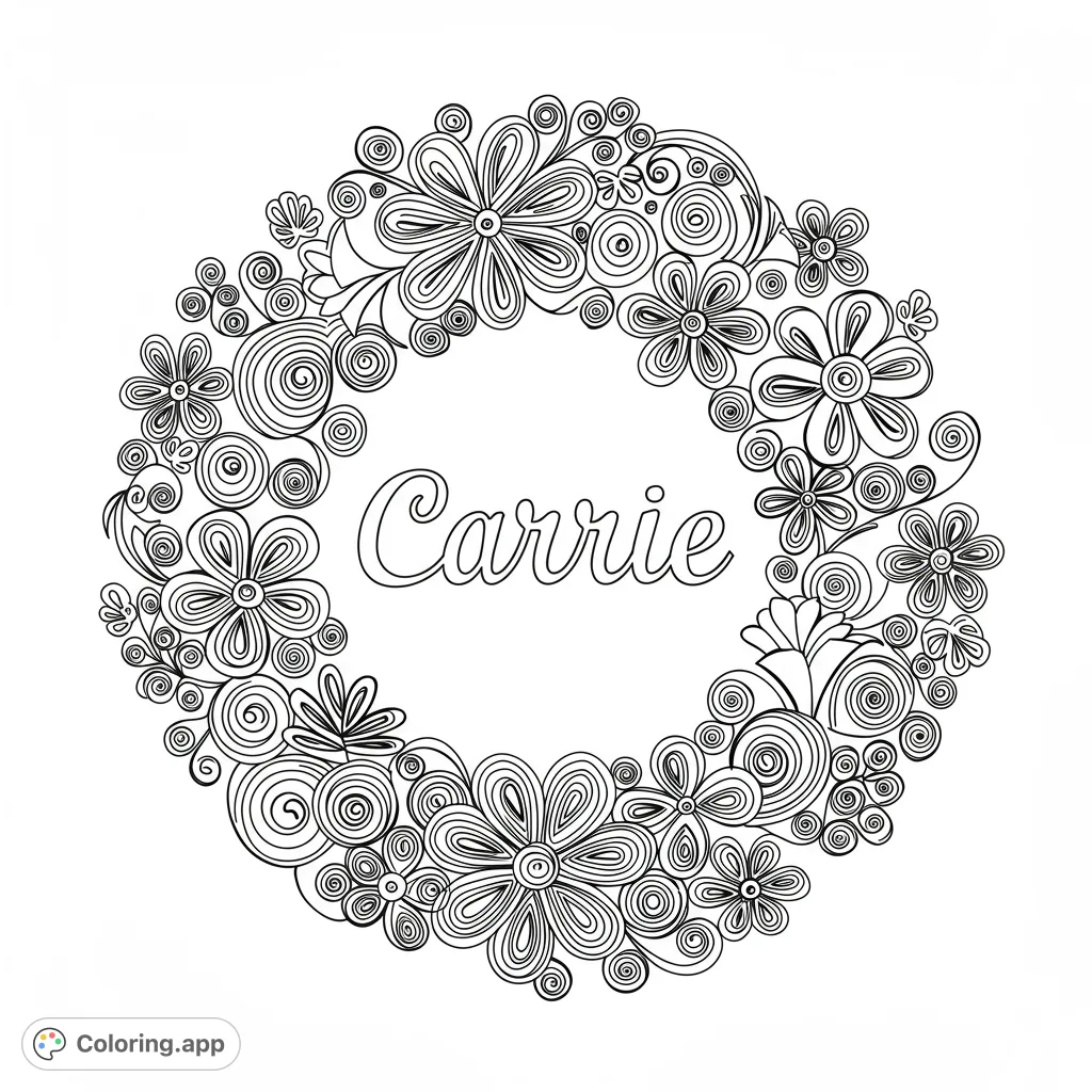 A beautiful floral wreath coloring page featuring intricate flowers and swirling patterns, perfect for personalized creativity and relaxation.