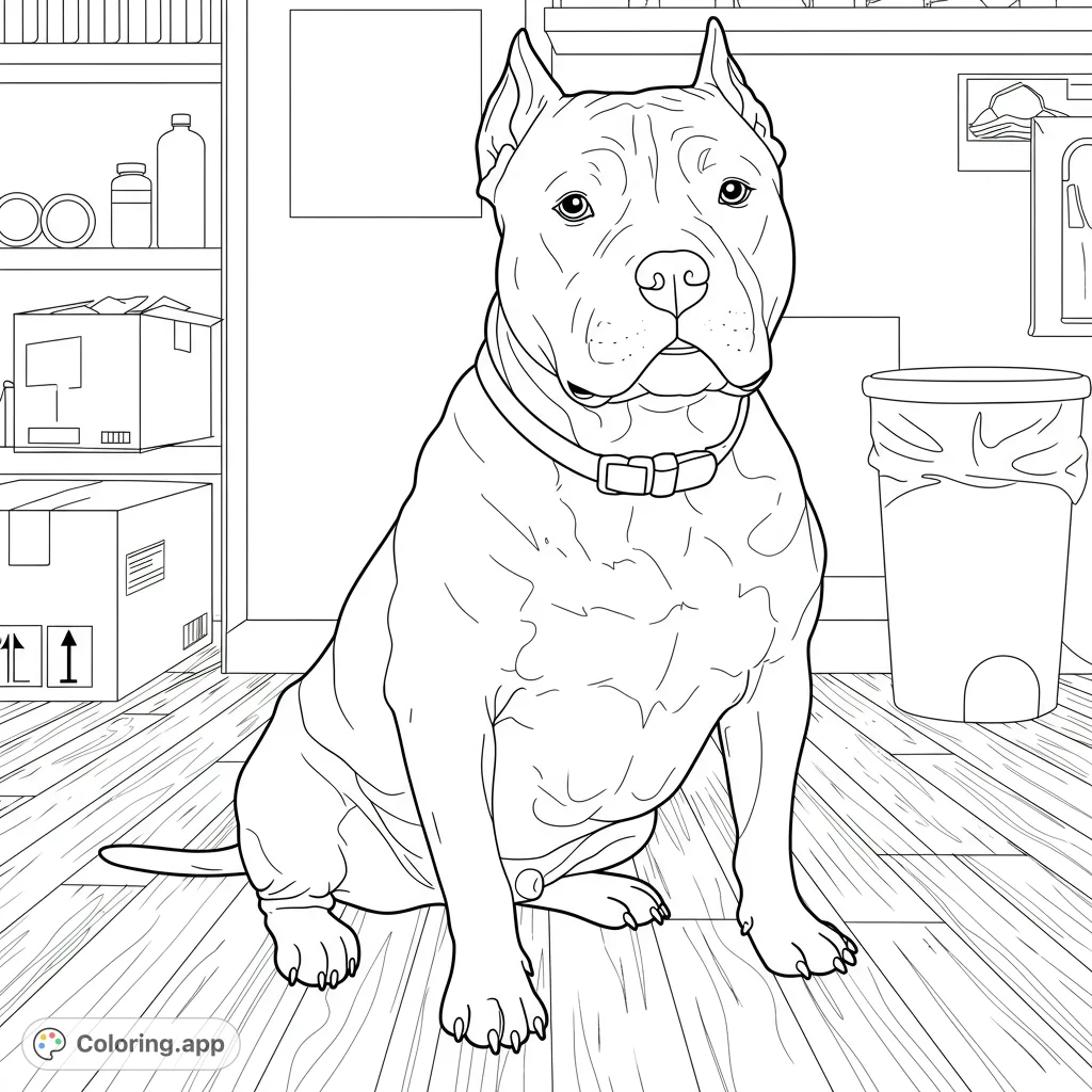 A loyal Pitbull dog sits attentively in a room, surrounded by everyday objects. A detailed free printable Pitbull coloring page for all ages.