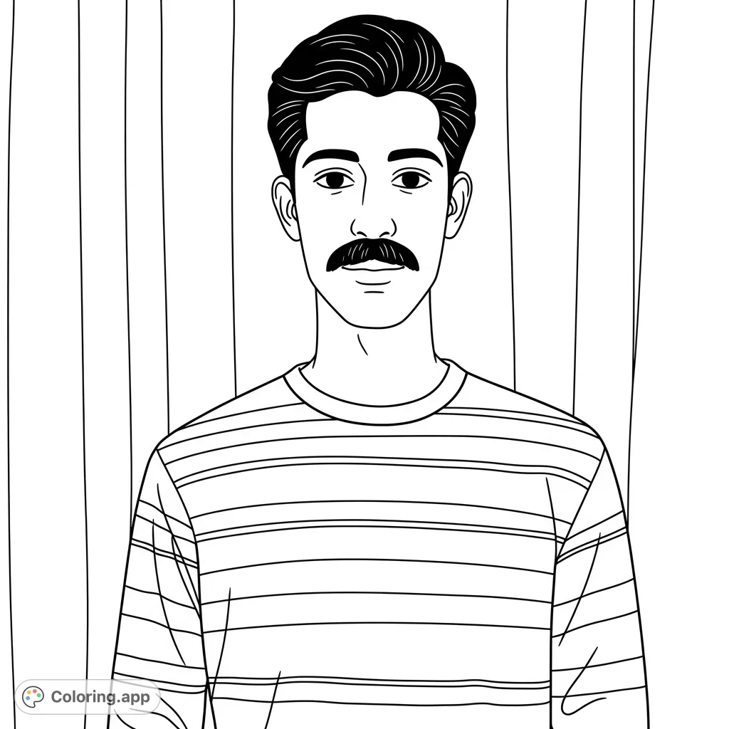 A stylish man with a classic mustache and striped shirt, perfect for a free printable coloring page. Express your creativity with this unique portrait.
