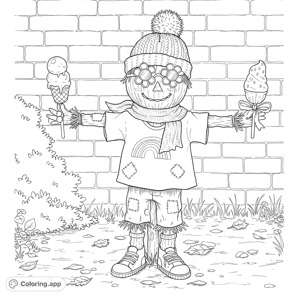 A charming scarecrow in a knitted hat and flower glasses, holding two delightful ice cream cones against a brick wall. Perfect for a fun, seasonal coloring page.