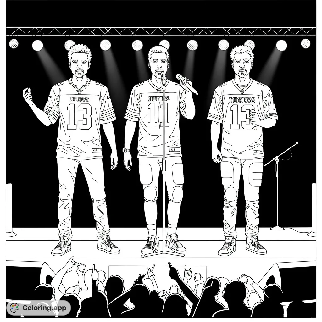Dynamic concert scene coloring page featuring three performers on stage under spotlights, with an energetic crowd below. Perfect for music lovers!