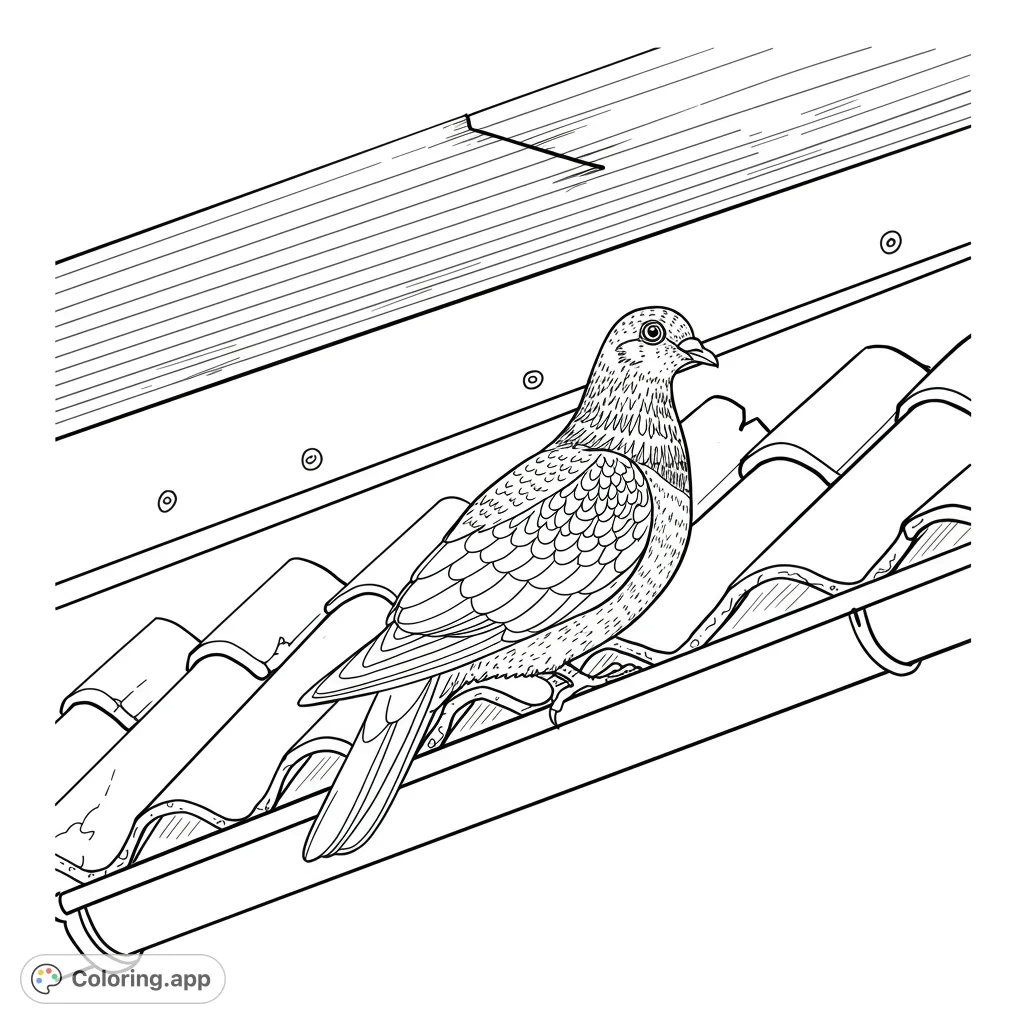 A detailed pigeon rests on a tiled rooftop, offering a charming urban nature scene for coloring. Perfect for bird lovers and city explorers.