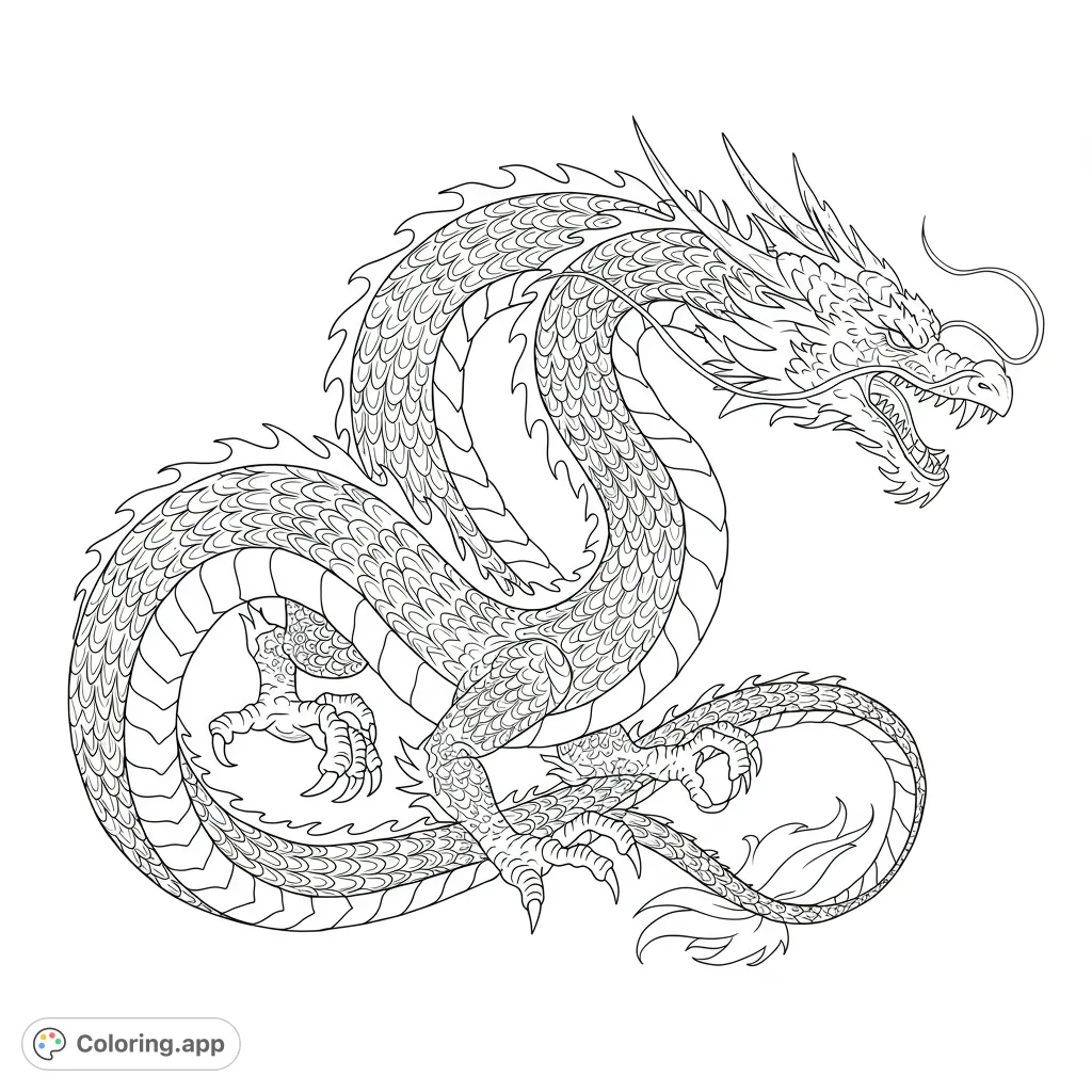 Unleash your creativity with this majestic Eastern dragon coloring page. Intricate scales, powerful claws, and a dynamic pose await your vibrant colors.