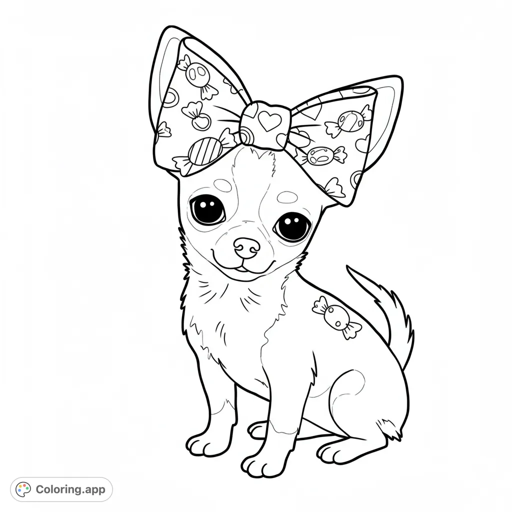 Adorable chihuahua puppy with a candy-patterned bow, perfect for a cute animal coloring page. Free printable for kids and adults.