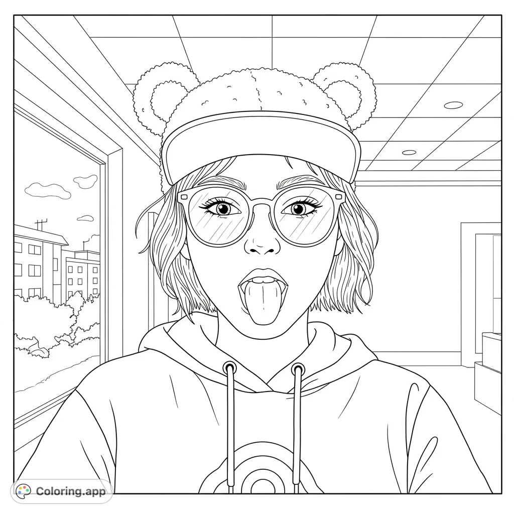 A cool girl in a bear-ear hat and glasses playfully sticks out her tongue, ready for vibrant colors. Free printable coloring page for fun!