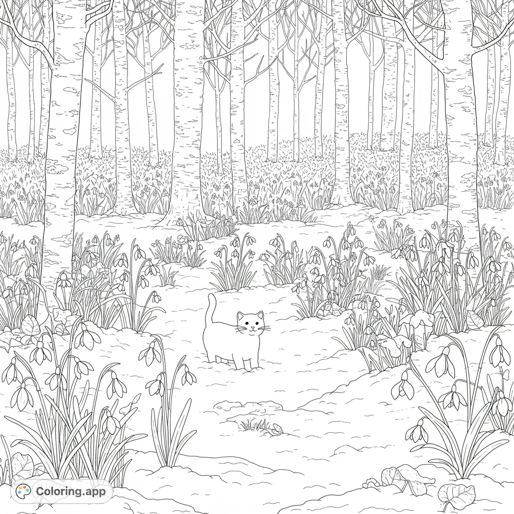 A charming cat explores a serene winter forest filled with delicate snowdrop flowers and tall birch trees. A free printable nature coloring page.