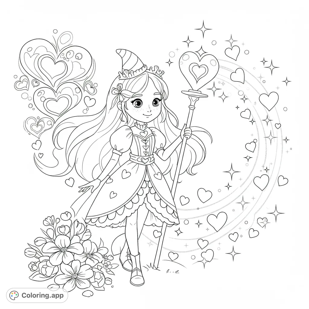 A charming princess-witch with a heart staff, surrounded by magical hearts and flowers. A delightful fantasy coloring page for all ages.