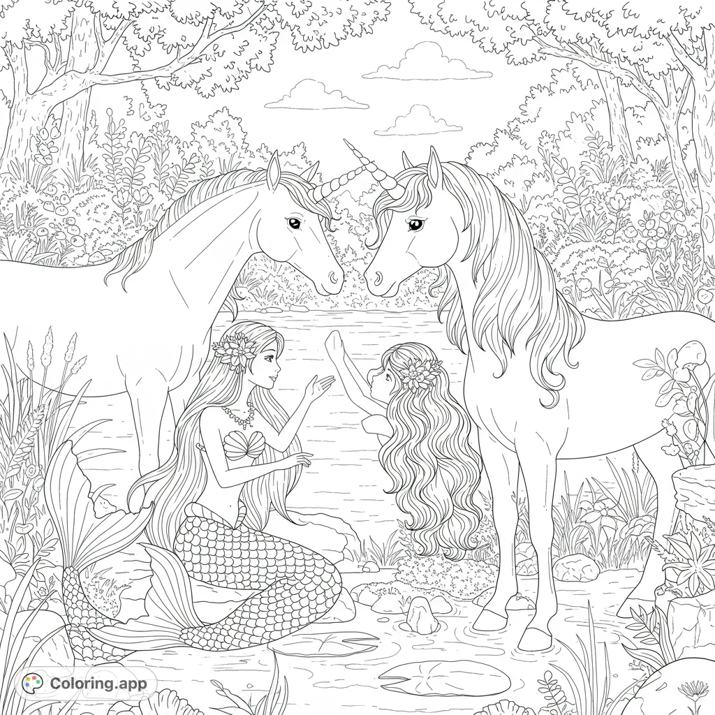 A magical fantasy coloring page featuring a mermaid and a girl with two majestic unicorns by a serene pond in a lush forest setting.