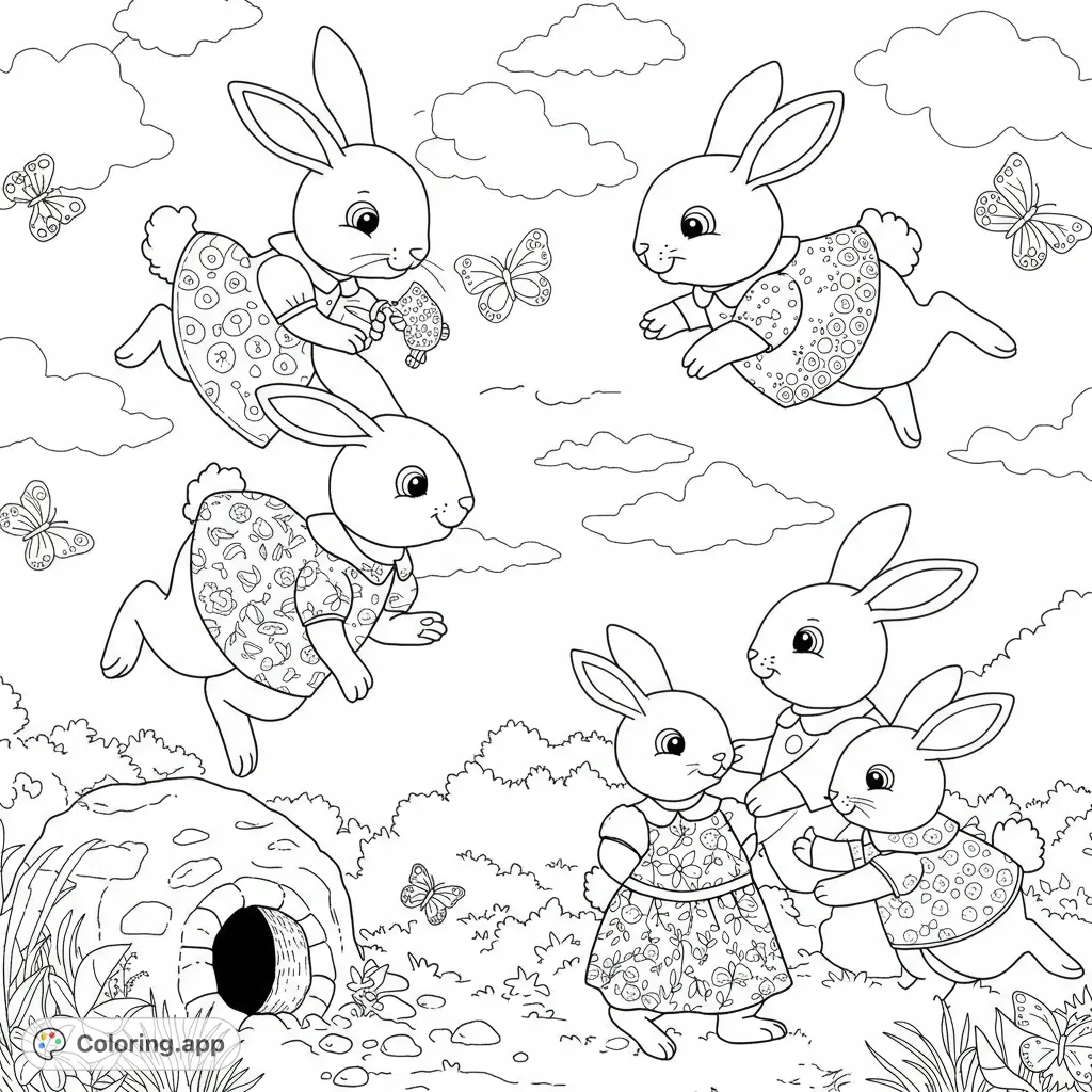 An enchanting bunny coloring page featuring playful bunnies floating with butterflies and hugging on the ground. A free printable coloring page for kids and adults.