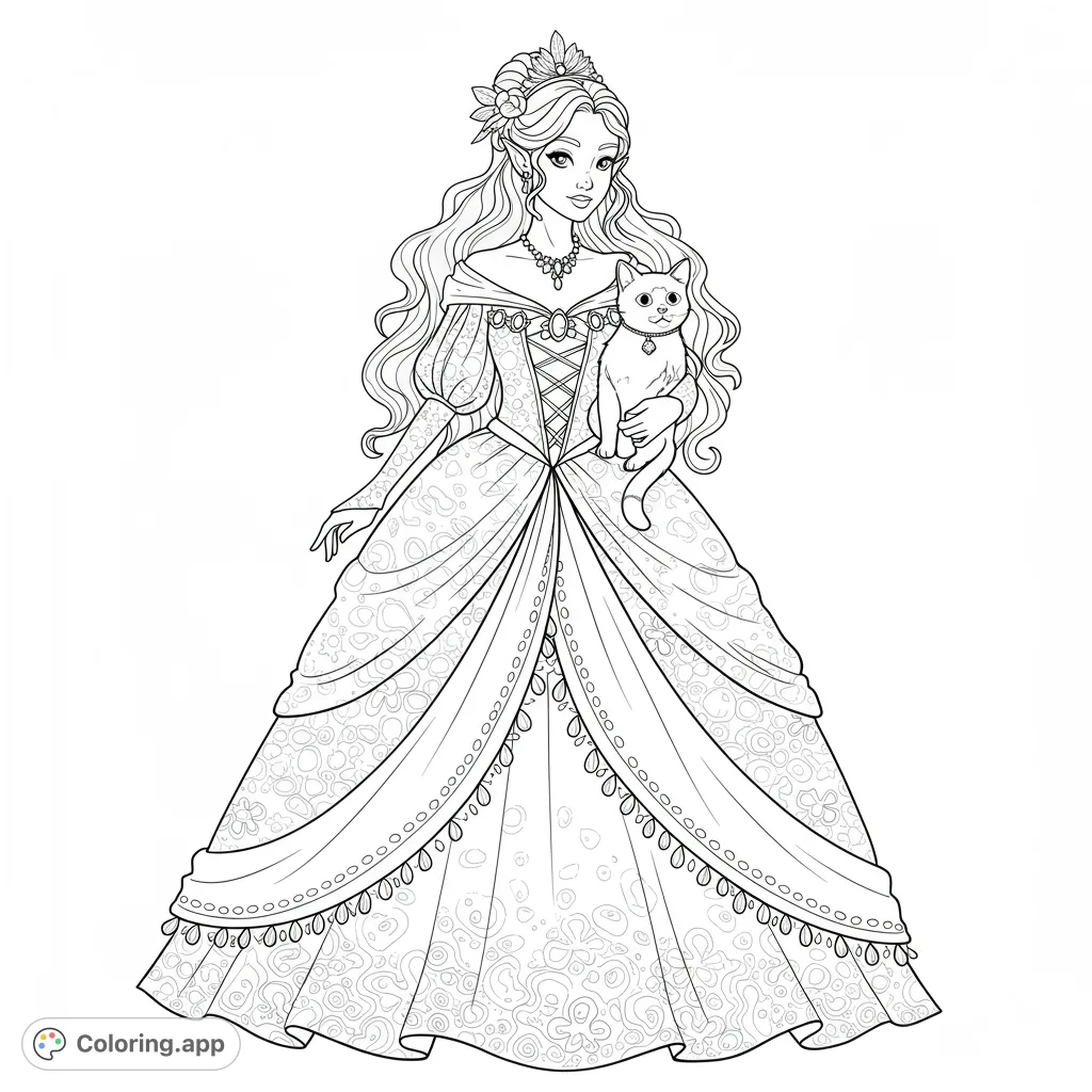 A beautiful princess with long, flowing hair holds her beloved cat, adorned in an elaborate, patterned gown. A magical fantasy scene for coloring.