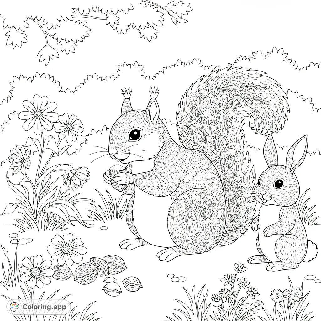 A charming woodland animals coloring page featuring a squirrel holding a nut and a rabbit, surrounded by detailed flowers and foliage.