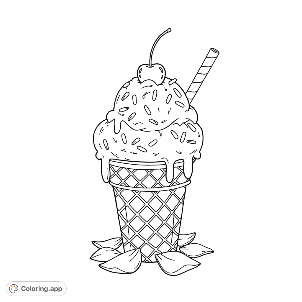 A delightful ice cream cone coloring page featuring two scoops, sprinkles, a cherry, and a wafer stick. A free printable coloring page for sweet fun!