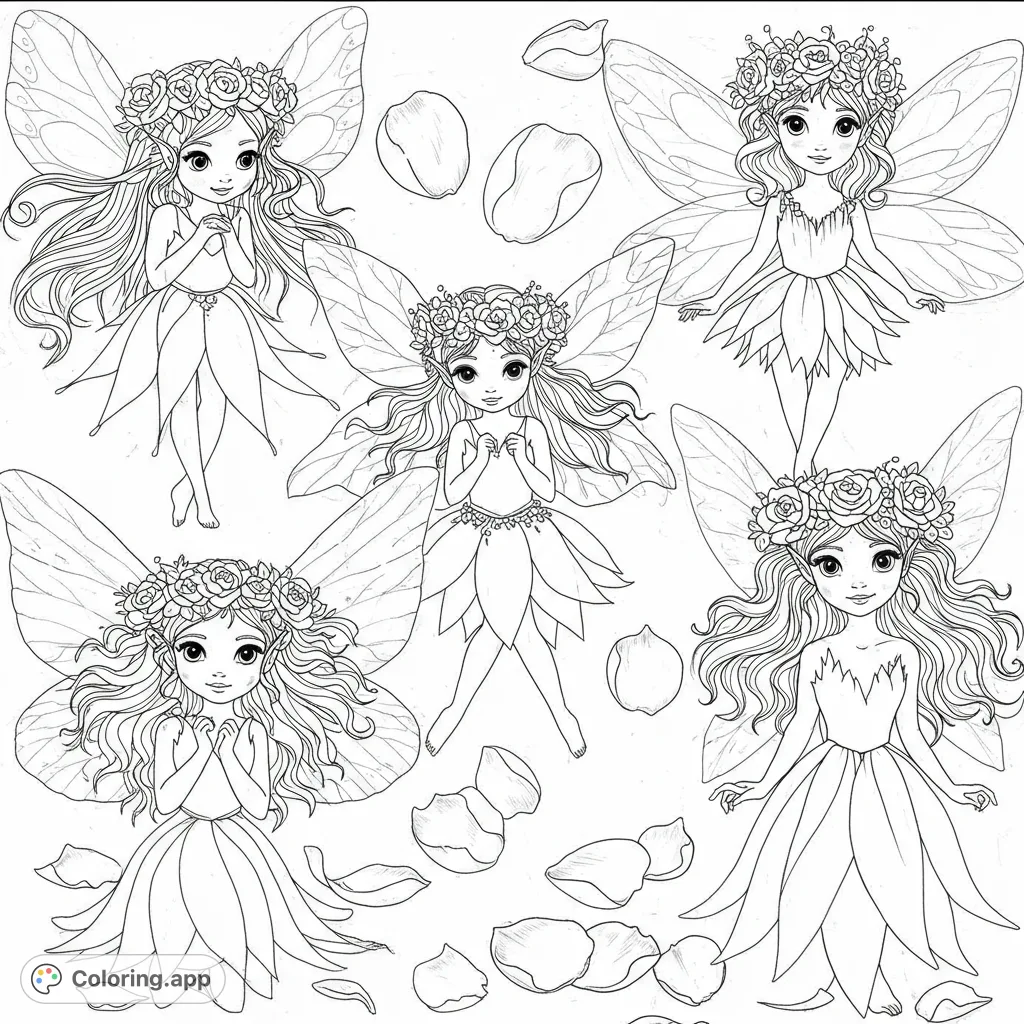 Five enchanting fairies with rose crowns and petal dresses, surrounded by scattered petals. A whimsical fairy coloring page for all ages.