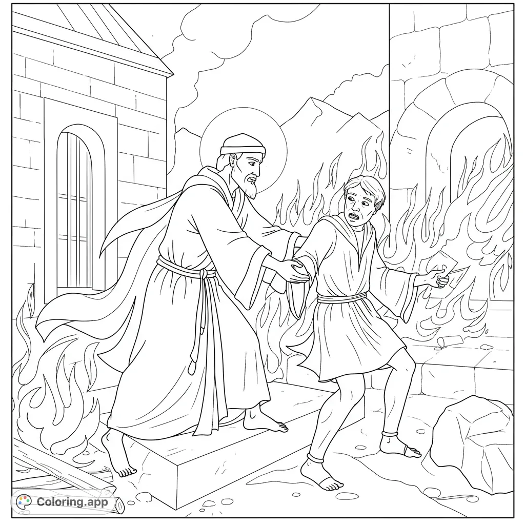 A dramatic biblical rescue scene coloring page featuring a saintly figure pulling a man from intense flames amidst ancient ruins. A powerful free printable coloring page.