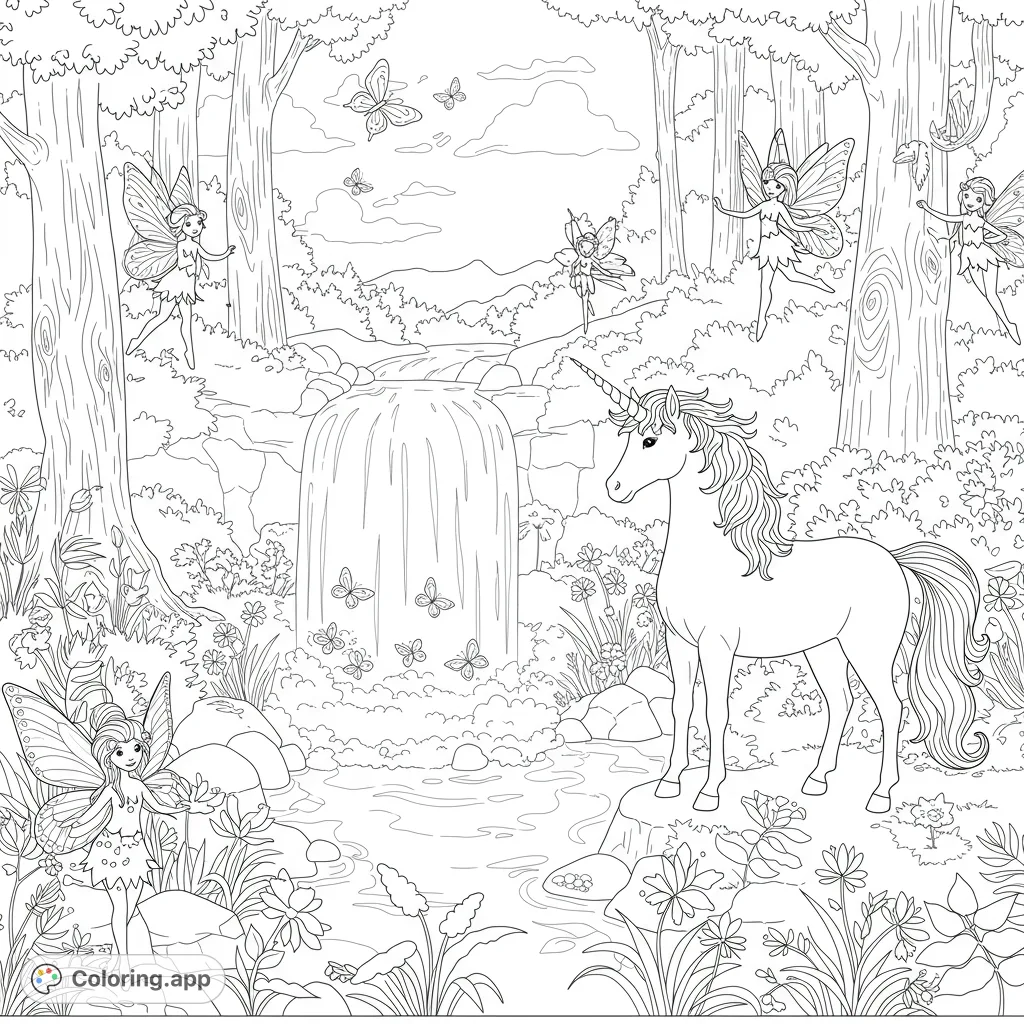 Discover a magical forest with a graceful unicorn, playful fairies, and fluttering butterflies by a waterfall. A free printable fantasy coloring page for all ages.