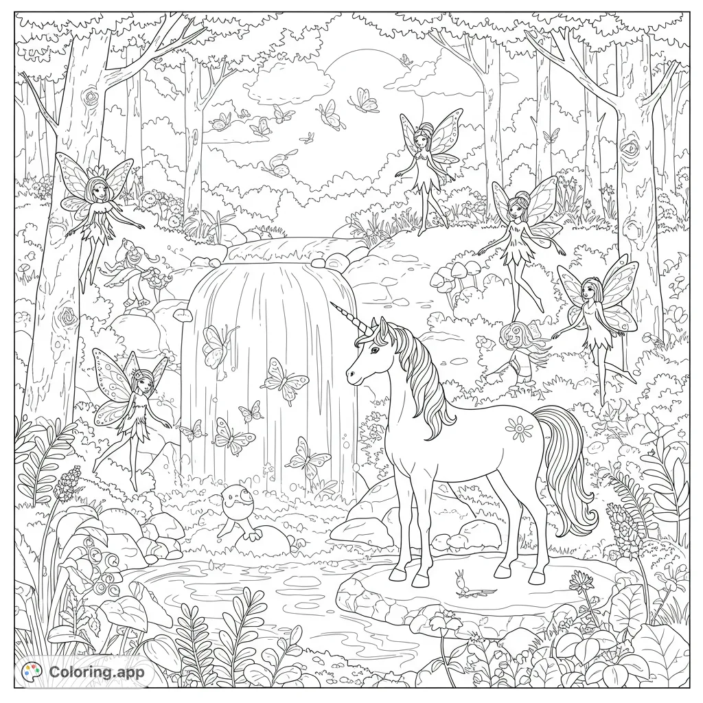 Enter a magical forest with a majestic unicorn, graceful fairies, and fluttering butterflies by a waterfall. A whimsical fantasy scene for all ages.