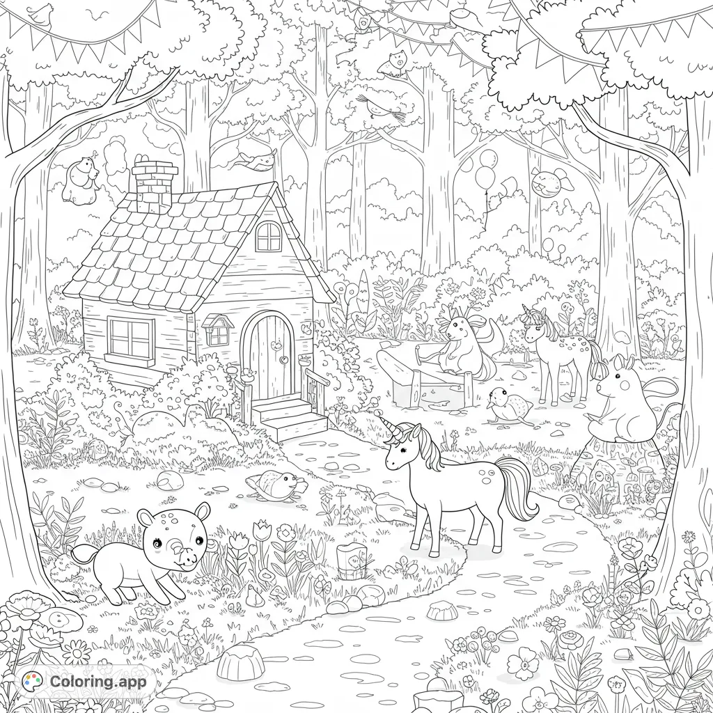 An enchanting forest scene with a cozy cottage, playful unicorns, and charming creatures. A magical adventure awaits your colors!