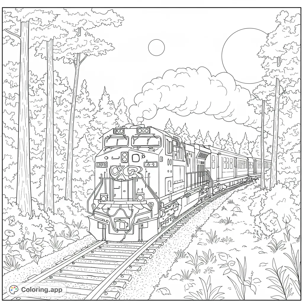 A detailed train travels through a dense forest on winding tracks, with smoke billowing and celestial bodies in the sky. Perfect for train enthusiasts.