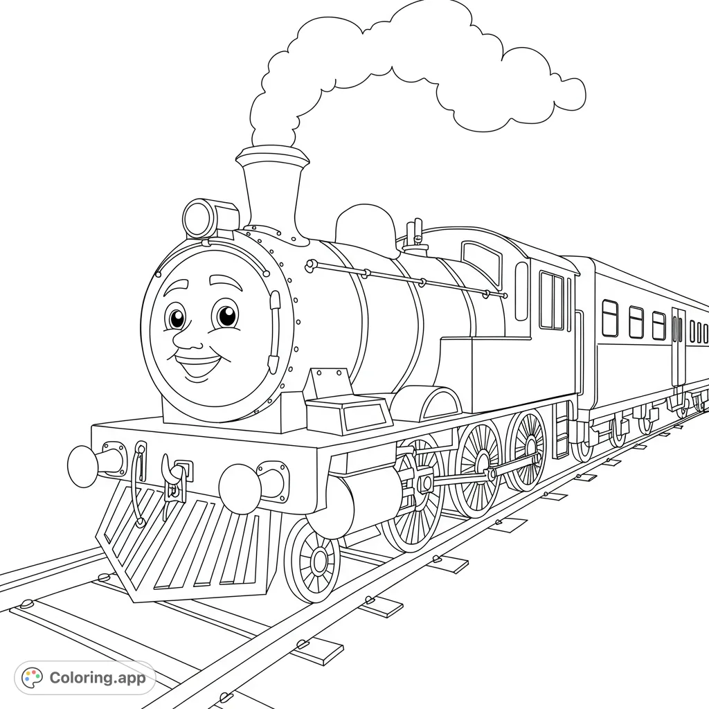 A delightful steam train with a friendly face chugs along tracks, ready for a colorful journey. A free printable train coloring page for kids and adults.