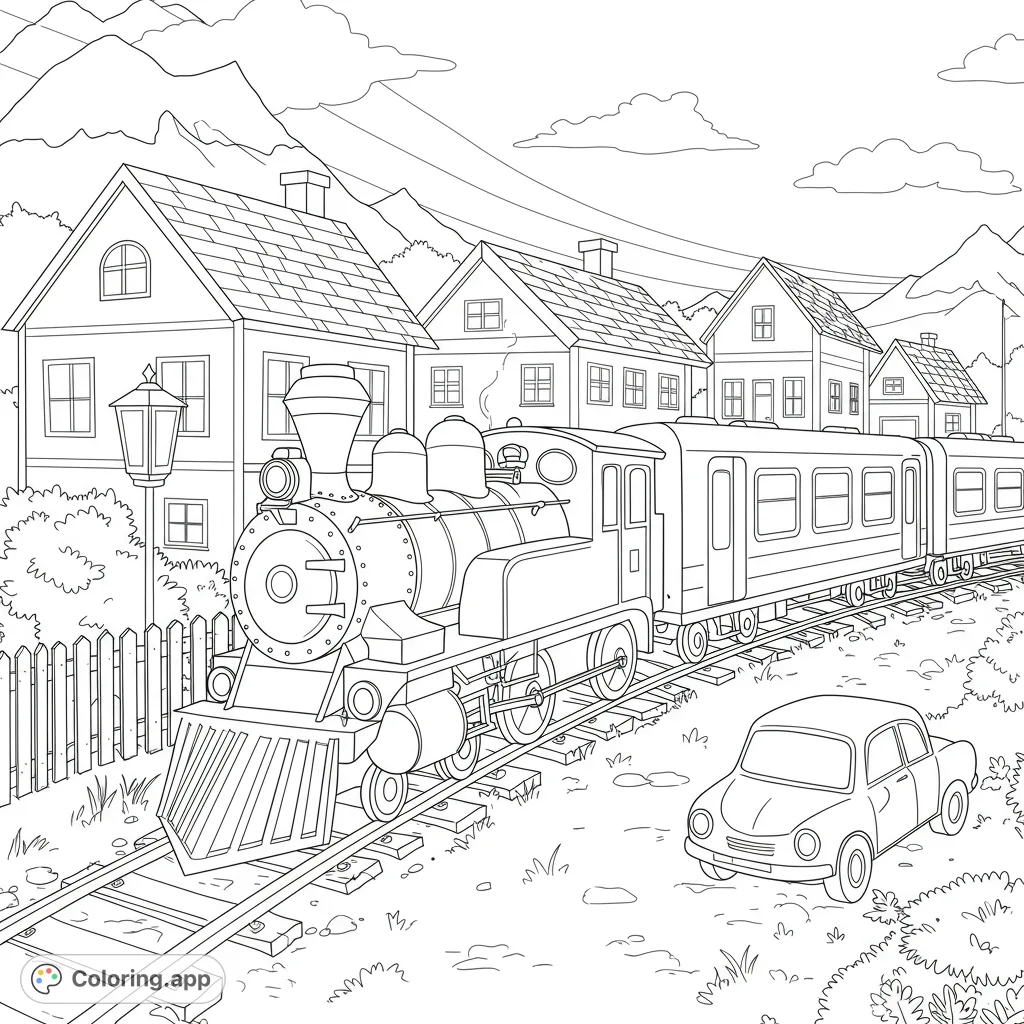 A classic steam train chugs past charming village houses and a vintage car, set against a backdrop of majestic mountains. Perfect for train enthusiasts!